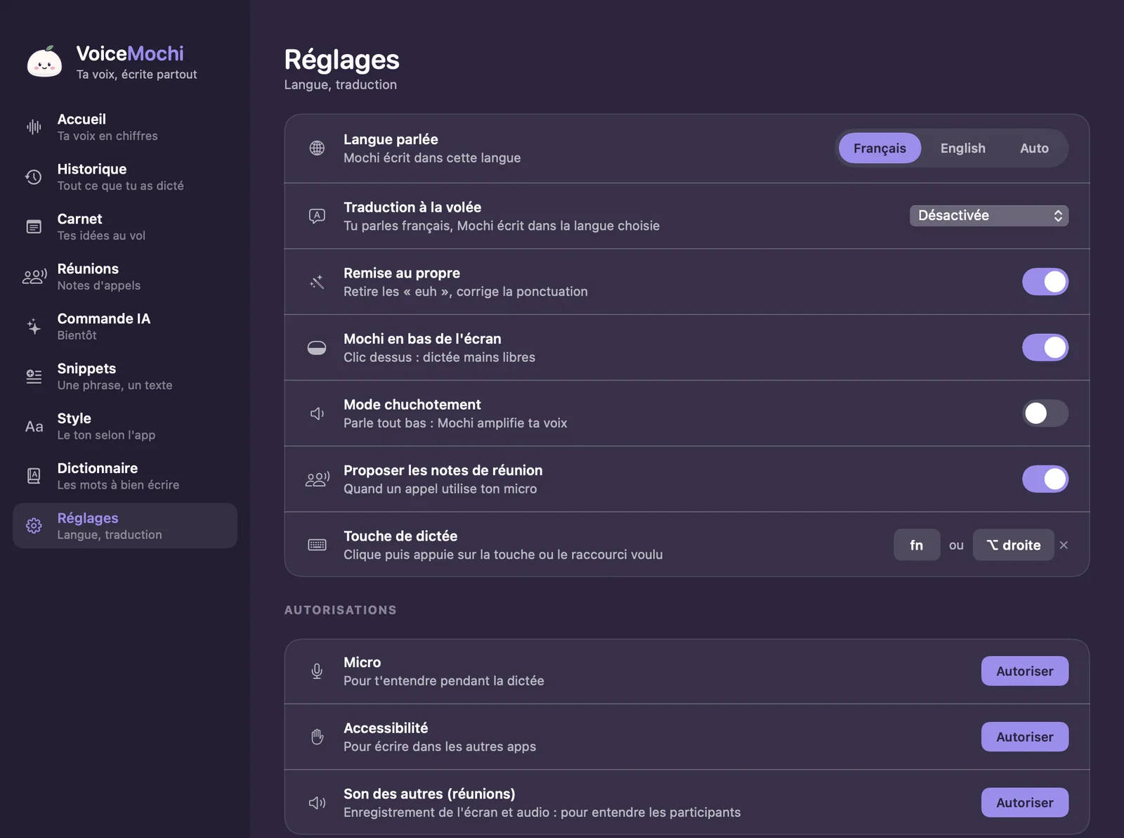 Réglages de VoiceMochi : langue parlée, traduction à la volée, remise au propre, Mochi en bas de l'écran, mode chuchotement, notes de réunion et touche de dictée fn ou ⌥ droite.