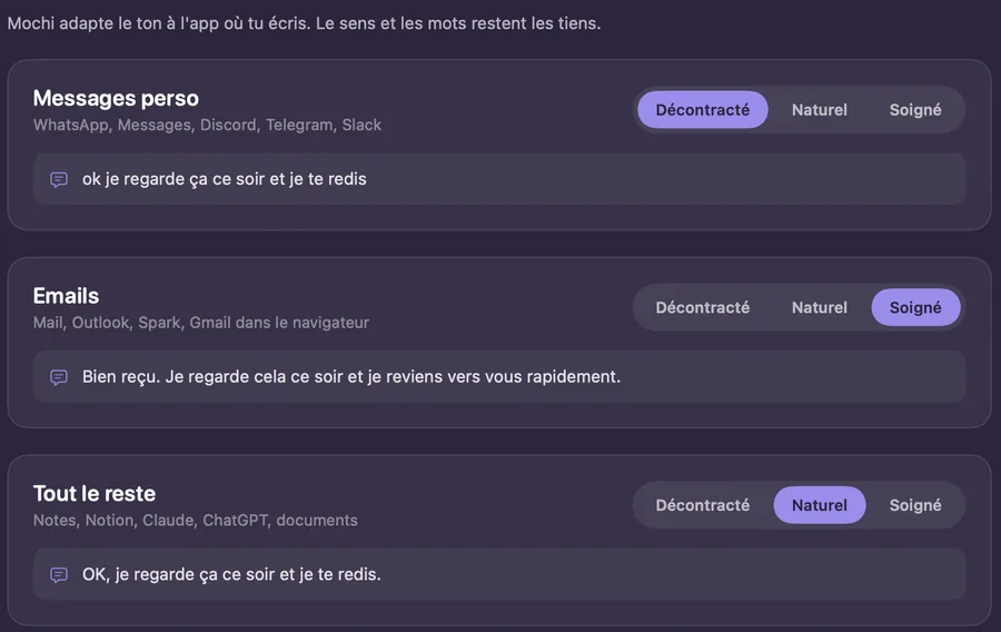 Style de VoiceMochi : décontracté pour les messages perso, soigné pour les e-mails, naturel pour le reste, avec un exemple pour chacun.