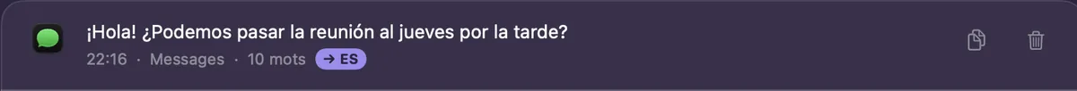 Dictée écrite en espagnol dans l'historique de VoiceMochi : ¡Hola! ¿Podemos pasar la reunión al jueves por la tarde?